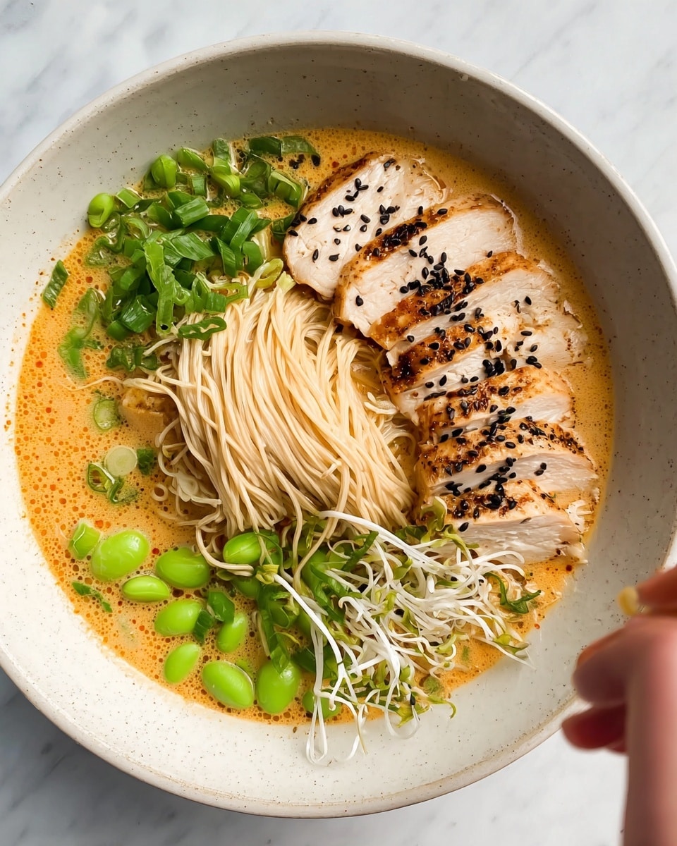 A white bowl filled with a soup base with a light orange creamy broth, topped with a neat bundle of light beige noodles placed in the center. On the top right, there are five thick slices of cooked chicken with a golden brown outer edge, sprinkled with black sesame seeds. On the top left side, chopped green onions add a fresh green touch. Below the green onions, bright green edamame beans are grouped together. At the bottom right, a woman's hand is adding a small pile of white bean sprouts with dark tips. All elements rest on a white marbled surface, photo taken with an iphone --ar 4:5 --v 7