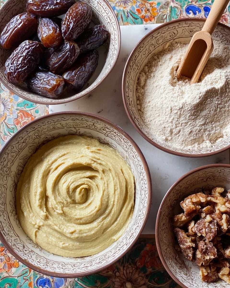 The image shows four bowls on a white marbled surface with a multicolor floral pattern beneath them. The center bowl holds a smooth, pale yellow creamy mixture with a thick texture, swirled lightly on the surface. To the top right, there is a bowl filled with light beige flour and a wooden scoop resting in it. On the top left, a bowl contains several large, shiny dark brown dates with a wrinkled texture. At the bottom right, the fourth bowl holds chopped pieces of dark brown nuts or a similar ingredient with a rough texture. The bowls are white with intricate floral designs on their outer rims. Photo taken with an iphone --ar 4:5 --v 7