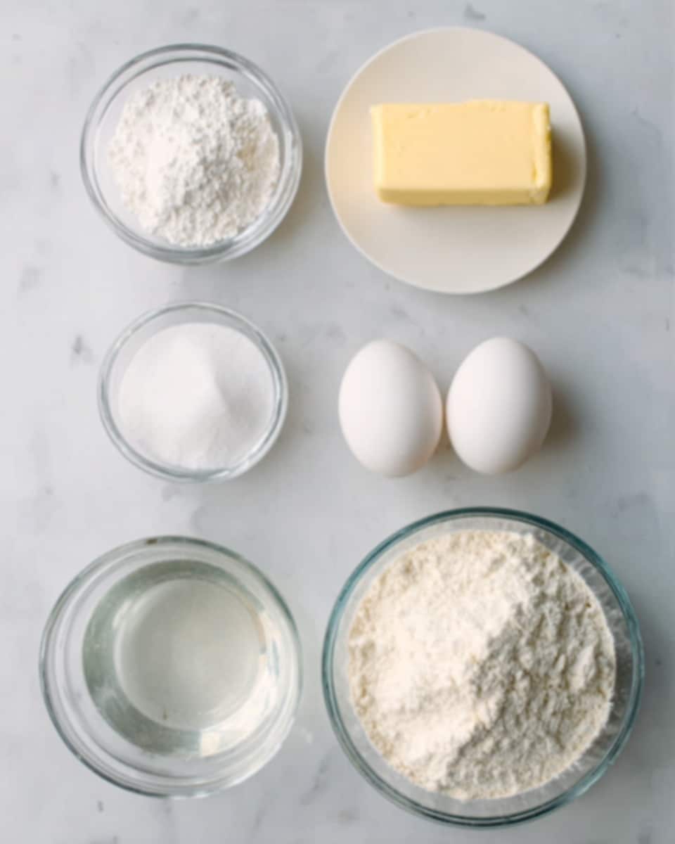 The image shows six clear or white bowls and plates arranged on a white marbled surface. At the top left is a small clear bowl with white powder, and next to it are two white eggs side by side. To the top right is a small white plate with a rectangular block of yellow butter on top. Below these, starting from the left, there is a larger clear bowl with a clear liquid, and to the right is another large clear bowl filled with white flour, showing some uneven texture on top. The items are neatly spaced. photo taken with an iphone --ar 4:5 --v 7
