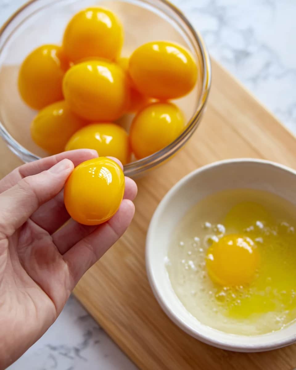 A close-up image shows a woman's hand holding a bright yellow egg yolk above a clear glass bowl filled with several more egg yolks of the same color and smooth texture. Next to the bowl, on a light wooden board placed on a white marbled surface, is a white bowl containing translucent egg whites with some bubbles on the surface. The colors include vibrant yellow from the yolks, clear whites, and the neutral tones of the board and background. The image is sharp and well-lit, focusing clearly on the egg yolk in the woman's hand. photo taken with an iphone --ar 4:5 --v 7