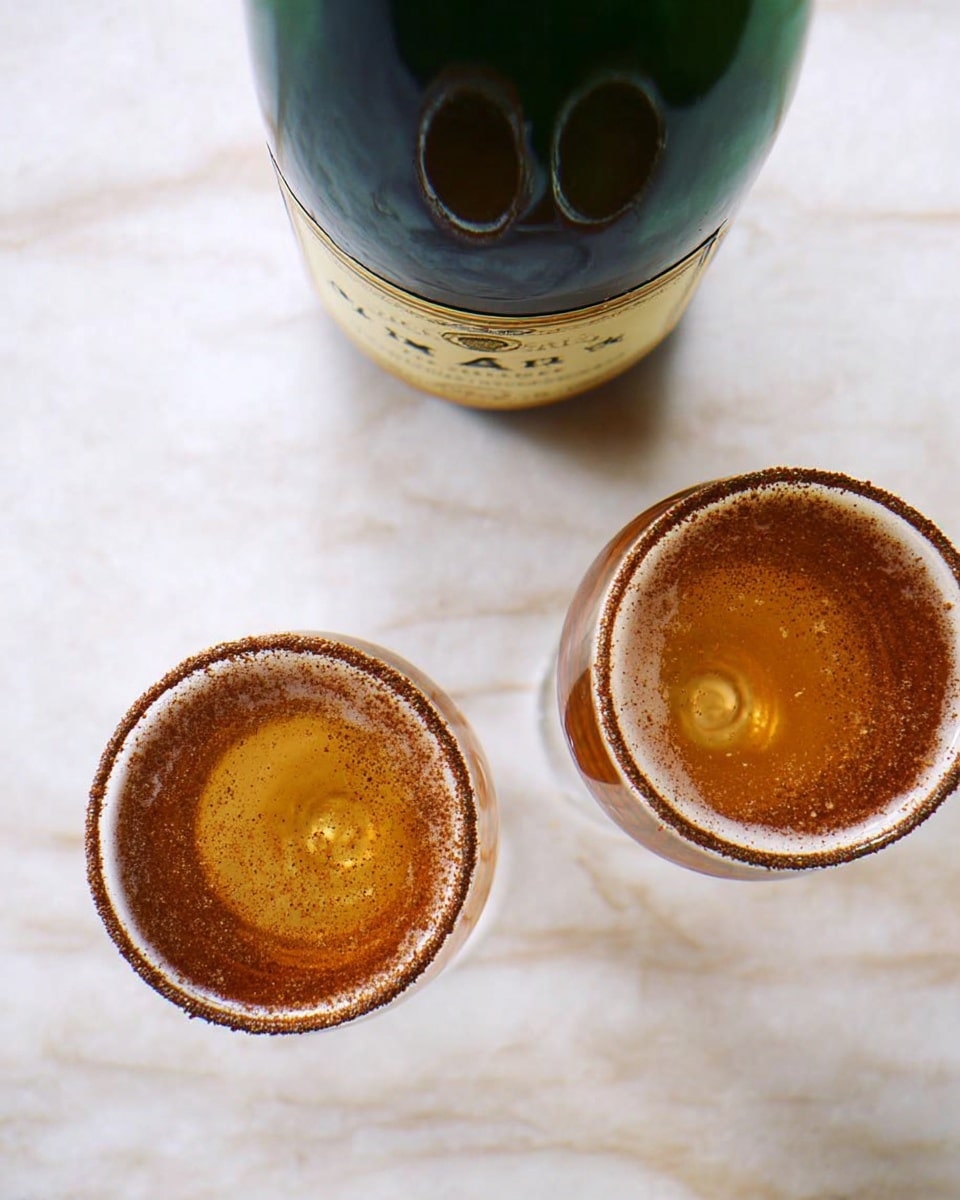 Two clear glasses viewed from above are filled with a golden-brown drink that has a smooth surface. Both glass rims are coated with a dark brown powder or spice. At the top center, there is a dark green bottle with a gold and cream label, slightly out of focus. The glasses and bottle are placed on a white marbled textured surface. photo taken with an iphone --ar 4:5 --v 7