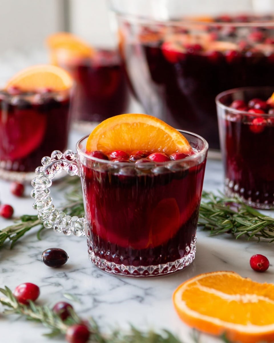 A clear glass cup with a beaded handle is filled with a deep red drink, filled almost to the top, and garnished with a round, bright orange slice resting on the drink’s surface at the top edge. Inside the drink, small dark red berries float alongside the orange slice. In the background, there are several similar cups filled with the same red drink, and a large clear glass bowl full of the deep red liquid with red berries floating inside. The surface is white marble, with scattered fresh rosemary sprigs, orange slices, and red berries around the cups and bowl. Photo taken with an iphone --ar 4:5 --v 7