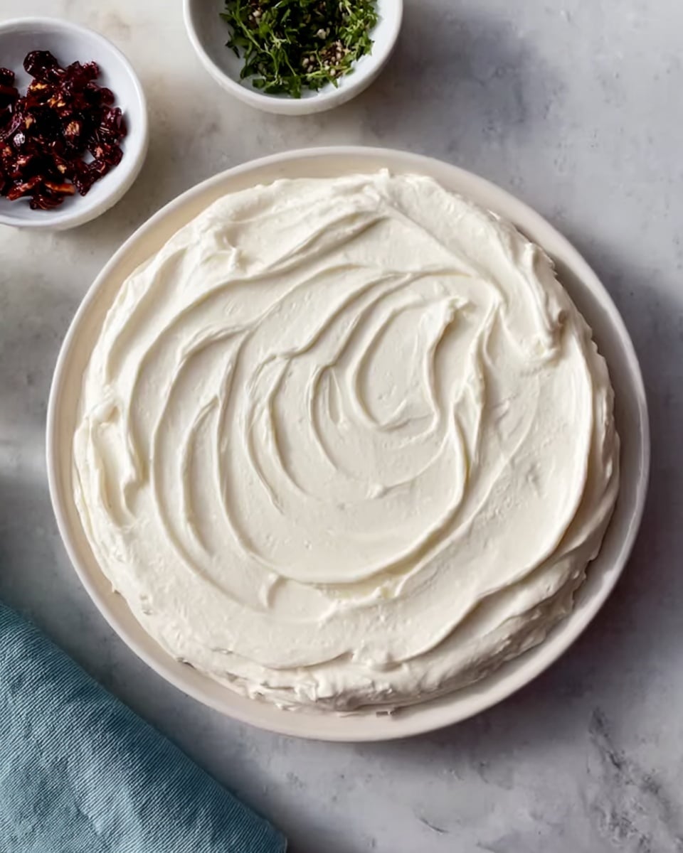 A round white plate filled with one thick, smooth layer of white cream spread evenly, showing soft swirls and gentle peaks on top; the plate sits on a white marbled surface with two small white bowls nearby, one holding dark red flakes and the other green herbs, all lit softly. photo taken with an iphone --ar 4:5 --v 7