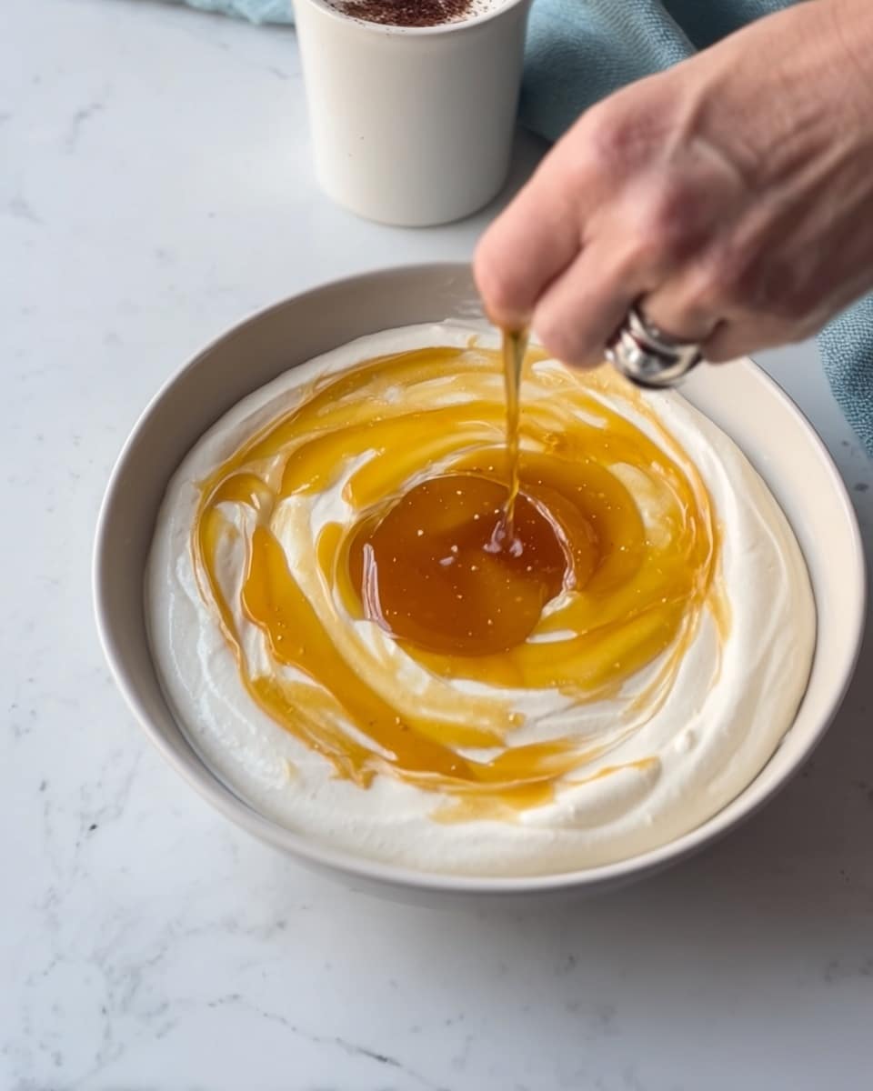 A white bowl filled with a creamy white mixture forming the bottom layer, topped with a swirl of glossy, golden honey spread unevenly on the surface. A woman's hand with a ring is seen drizzling more honey in the center of the bowl. The background is a white marbled surface and there is a small white cup with a dark topping nearby. photo taken with an iphone --ar 4:5 --v 7