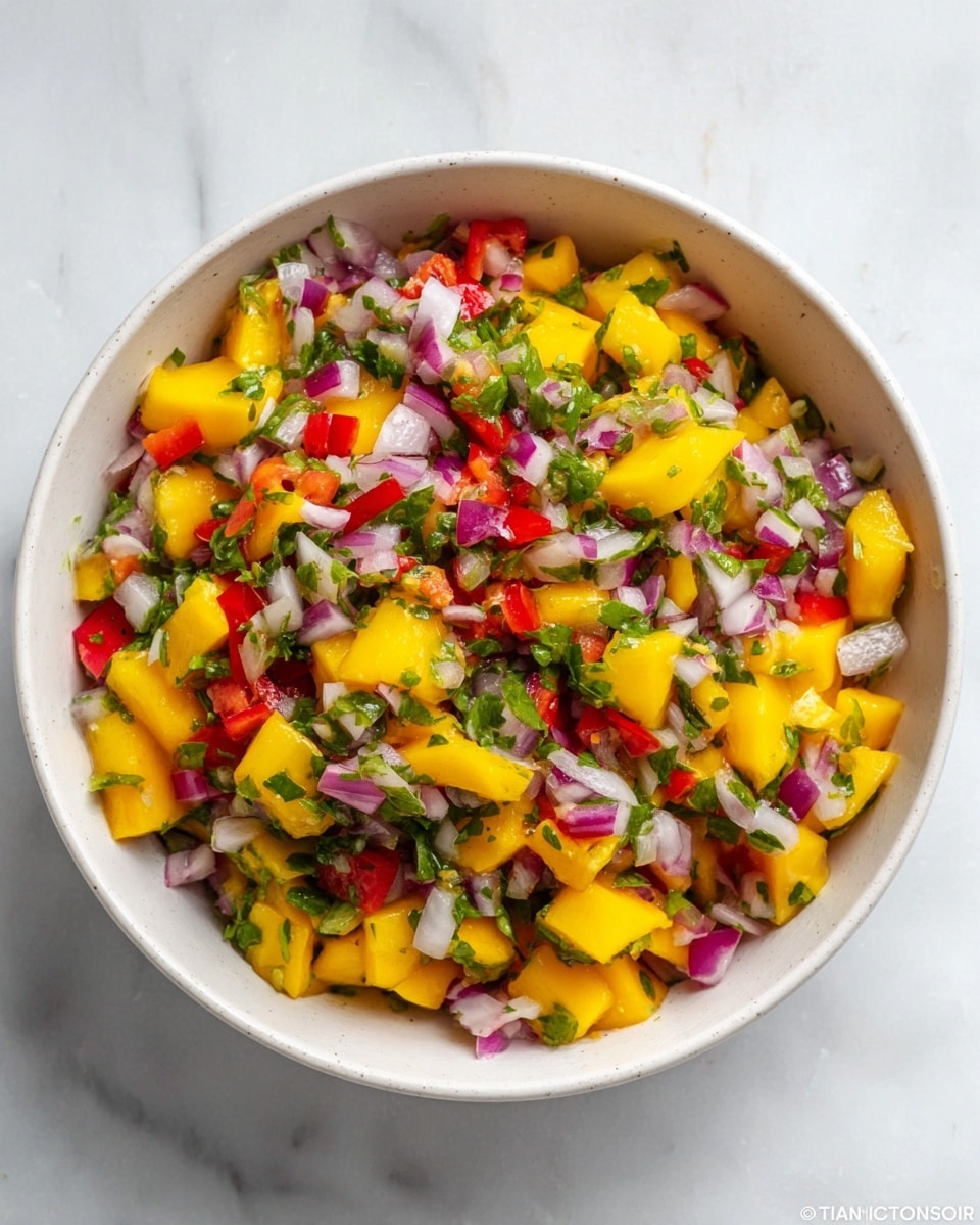 A white bowl filled with a colorful salad sits on a white marbled surface. The salad has three visible layers: the bottom layer has bright yellow mango chunks, the middle layer includes small pieces of red onion and red bell pepper, and the top layer is made up of chopped green herbs scattered evenly. The textures are fresh and chunky with a mix of smooth and crisp pieces. photo taken with an iphone --ar 4:5 --v 7