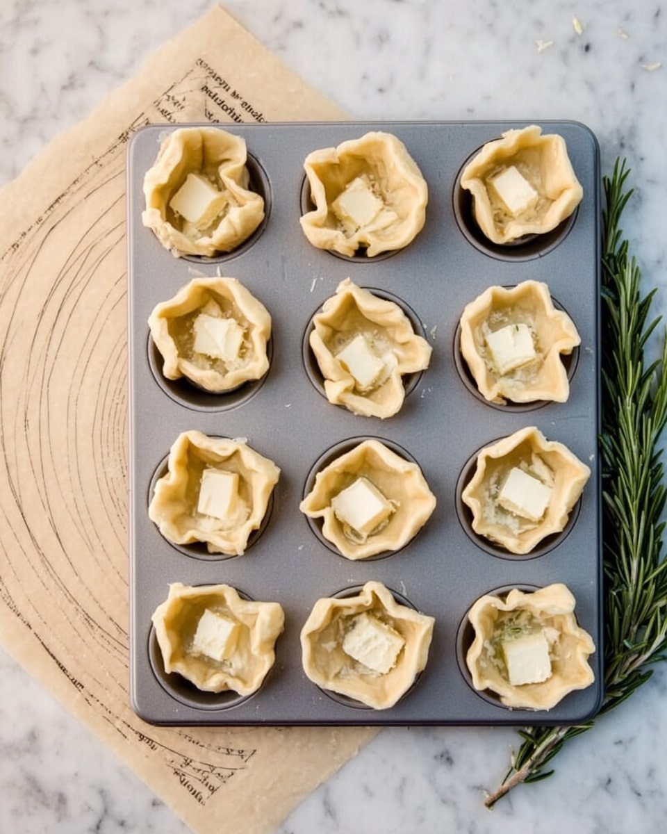A gray muffin tray holds twelve small dough cups, each shaped roughly with uneven, soft beige edges. In the center of every dough cup is a small white square of butter or cheese. The tray rests on a white marbled surface that has a circular pastry guide underneath part of it. To the right side, fresh green sprigs of rosemary poke into the frame, with a faint recipe or measurement text visible on the surface. photo taken with an iphone --ar 4:5 --v 7