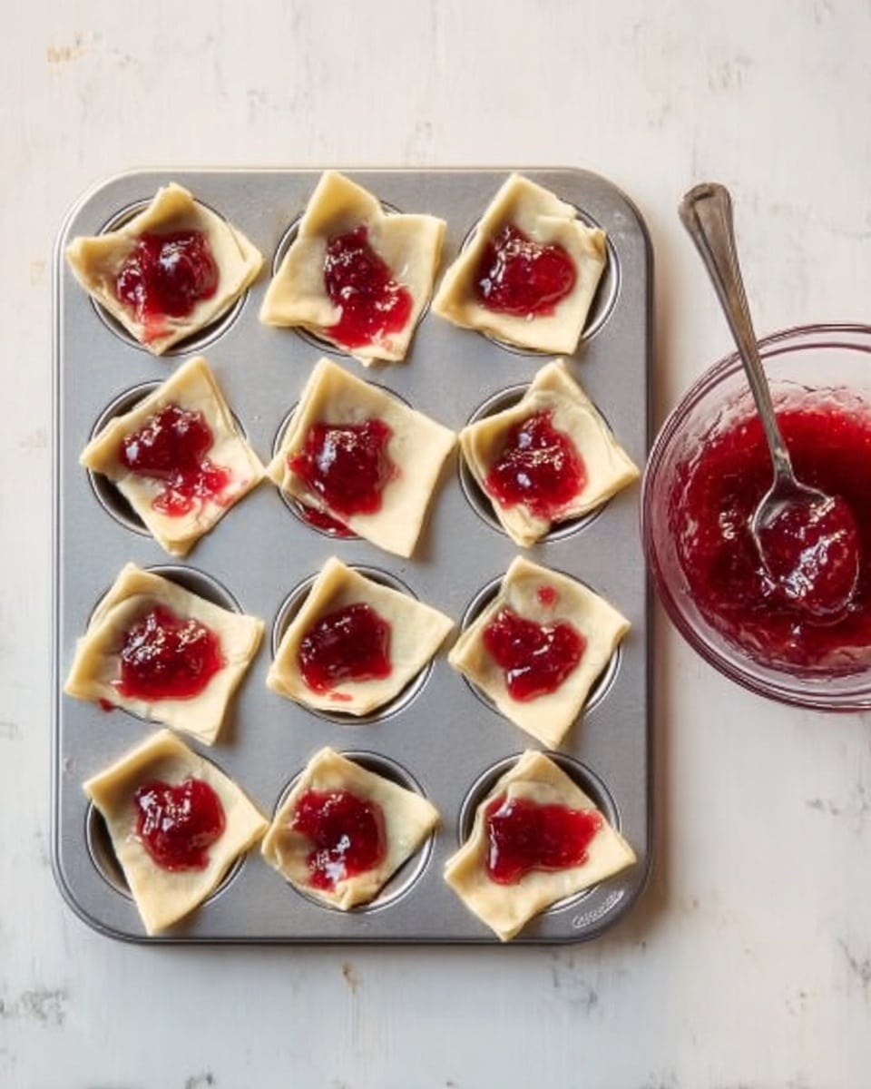 Twelve small square dough pieces are placed inside a silver muffin tray, each folded irregularly to hold a bright red jam filling with a shiny texture on top. To the right of the tray, there is a clear glass bowl filled with the same red jam, with a silver spoon resting inside it. The tray and bowl sit on a white marbled surface with faint grey veins. The scene is viewed from above, showing the evenly spaced jam-filled dough squares in the tray along with the jam bowl nearby. photo taken with an iphone --ar 4:5 --v 7