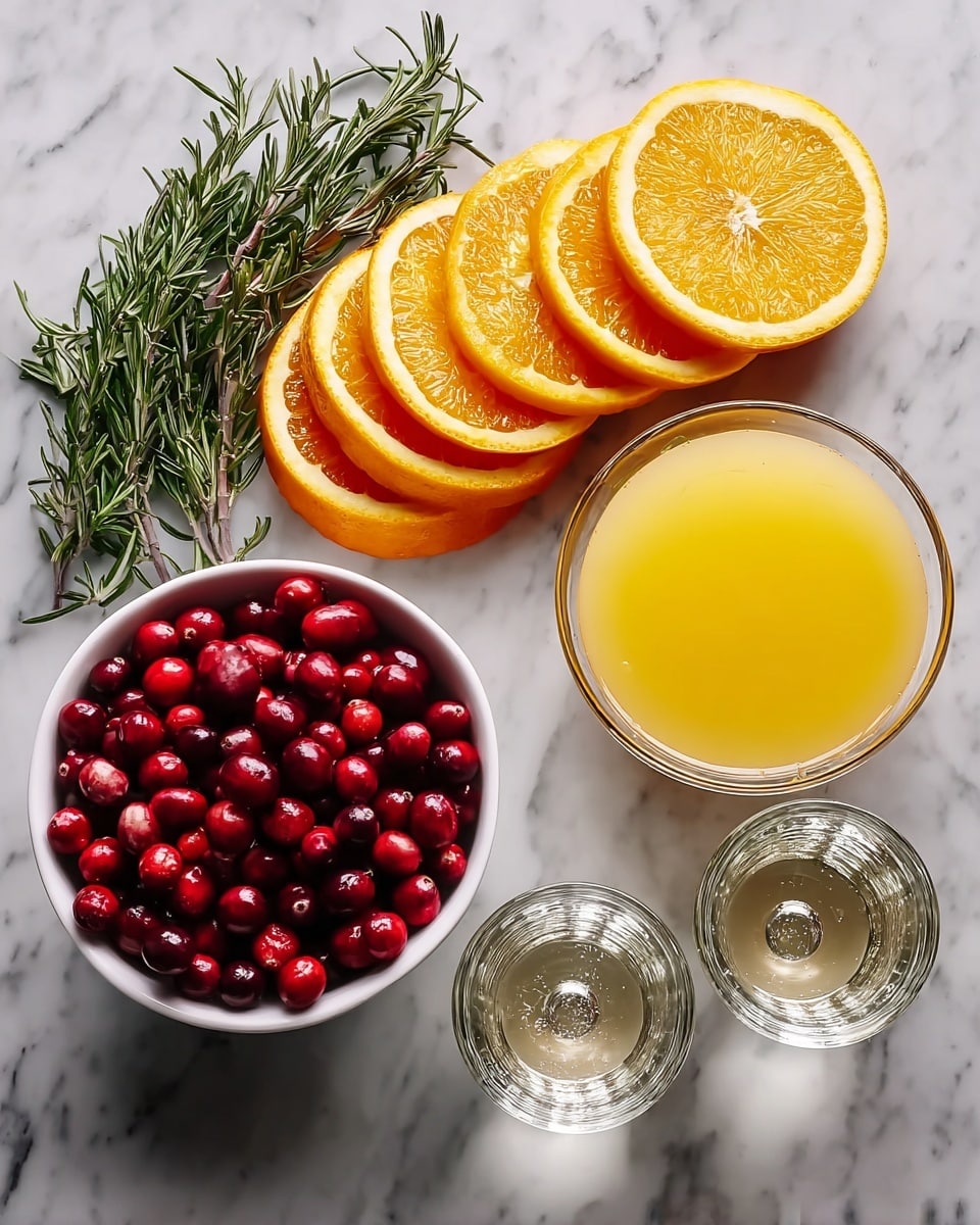 The image shows a flat lay of fresh ingredients on a white marbled surface. On the left side, there is a bunch of green rosemary sprigs next to a stack of bright orange slices arranged in a slight fan shape. Below the slices, two white bowls are filled with shiny red cranberries. On the right side, there is one glass bowl filled with yellow-orange juice and two glasses of sparkling clear liquid positioned below the juice bowl, all placed neatly and evenly spaced. photo taken with an iphone --ar 4:5 --v 7