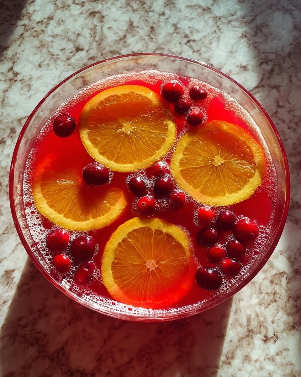 A clear glass bowl filled with a bright red liquid, topped with three orange slices arranged across the surface and several scattered red berries. The liquid has small bubbles that give a light foam texture on top. The bowl sits on a white marbled surface, with natural light casting soft shadows around it. Photo taken with an iphone --ar 4:5 --v 7