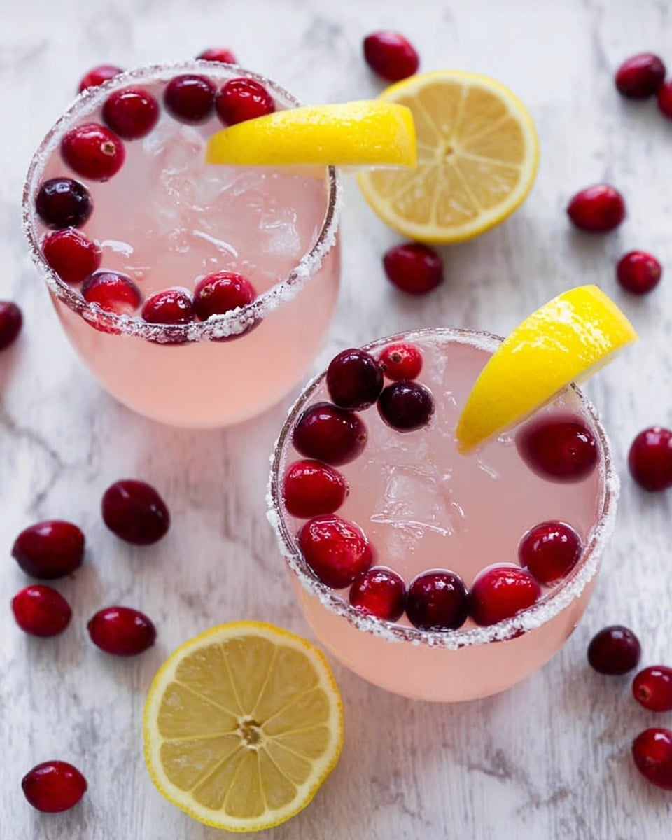 Two white-rimmed glasses filled with light pink liquid are placed on a white marbled surface. Each glass has around 8-12 whole red cranberries floating on top, adding bright red spots of color. A small yellow lemon wedge rests on the rim of each glass. Around the glasses, there are scattered whole cranberries, a half lemon, and slices of lemon. The overall look is fresh and inviting, with a mix of red, pink, and yellow tones on the white marbled background. Photo taken with an iphone --ar 4:5 --v 7