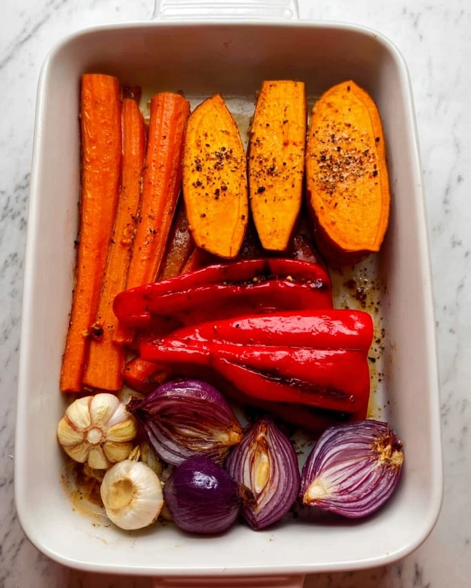 The dish shows a white rectangular baking dish with roasted vegetables neatly arranged inside. On the left, two whole carrots with a smooth orange color are placed next to two halves of sweet potato with a bright orange flesh sprinkled with black pepper. Below them, two large roasted red bell peppers with a glossy, slightly wrinkled skin sit side by side. In front, two halved red onions with purple layers and a caramelized surface rest near a whole roasted garlic bulb with a slightly browned top. The dish sits on a white marbled surface. photo taken with an iphone --ar 4:5 --v 7