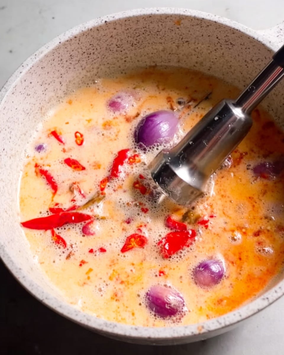 The image shows a close-up of a white speckled pot filled with a creamy liquid base that is light orange and white in color. There are floating pieces of bright red chili and whole small purple shallots scattered on top. A silver immersion blender is partially submerged in the liquid, blending the ingredients with some visible foam around the blade. The pot sits on a white marbled surface. photo taken with an iphone --ar 4:5 --v 7