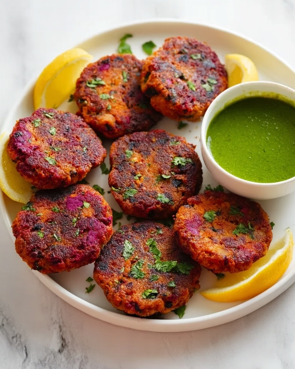 A white plate on a white marbled surface holds eight round, flat patties with a crispy, dark reddish-brown outside and visible bits of green herbs on top. The patties have a textured look showing small chunks inside with a rich color mix of red and brown. Around the edges of the plate are yellow lemon wedges adding a bright color contrast. To the side on the plate, a small white bowl contains a smooth green sauce. The overall image shows a tasty and fresh dish with warm colors and natural lighting. photo taken with an iphone --ar 4:5 --v 7