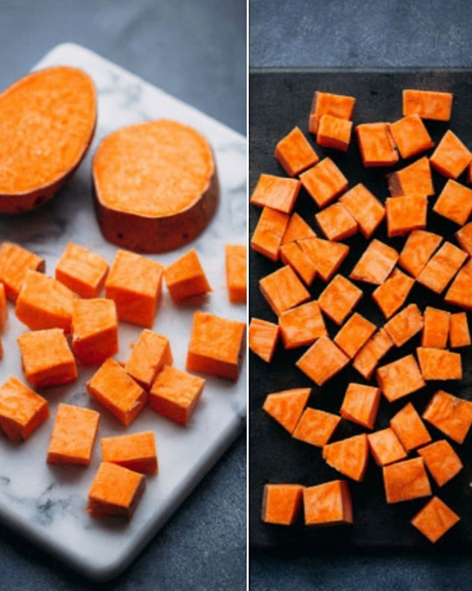 The image shows very small cubes of bright orange sweet potato spread over two sections. On the left side, there is a white marbled cutting board with half a sweet potato and several sweet potato cubes arranged neatly. On the right side, many small sweet potato cubes are scattered loosely on a dark surface, showing their soft texture and even, fresh orange color. Photo taken with an iphone --ar 4:5 --v 7