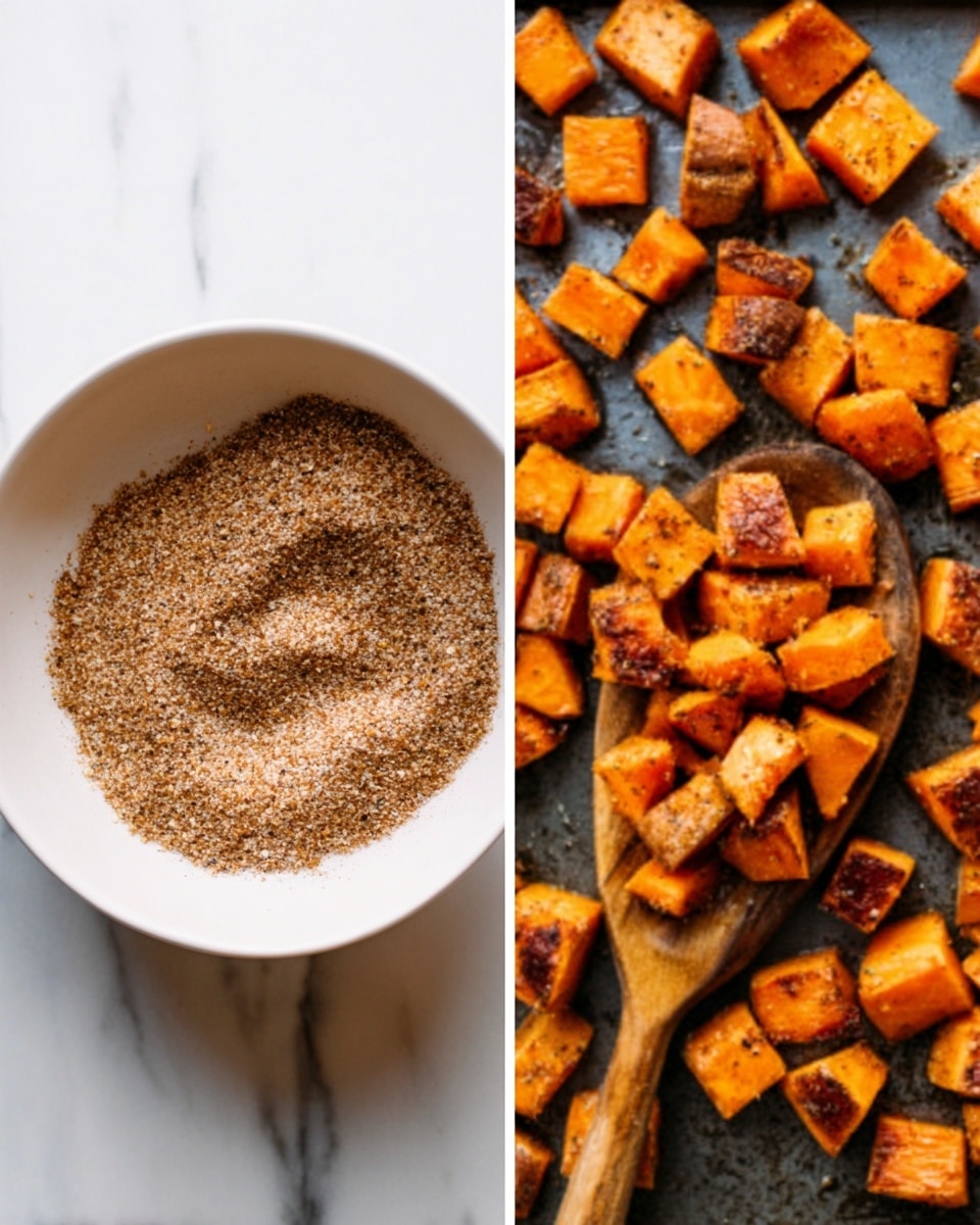 The image shows two parts: on the left, a white bowl filled with a mix of brown and beige powdery spices with a rough texture, sitting on a white marbled surface; on the right, many small pieces of orange roasted sweet potato with browned edges spread out on a dark baking tray, showing a slightly shiny, caramelized surface, with a wooden spoon also holding some potato pieces. photo taken with an iphone --ar 4:5 --v 7