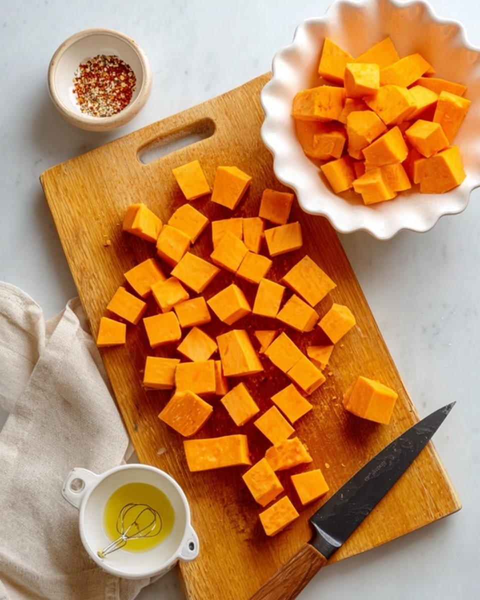 The image shows a wooden board on a white marbled surface with small orange cubes of sweet potatoes spread across it. There is a black knife with a wooden handle resting on the board near the sweet potato cubes. To the right side, there is a white bowl filled with more orange sweet potato cubes. Above the wooden board, a white scalloped dish contains red and white spices. Below the bowl, there is a small white bowl with golden olive oil and a whisk inside. photo taken with an iphone --ar 4:5 --v 7