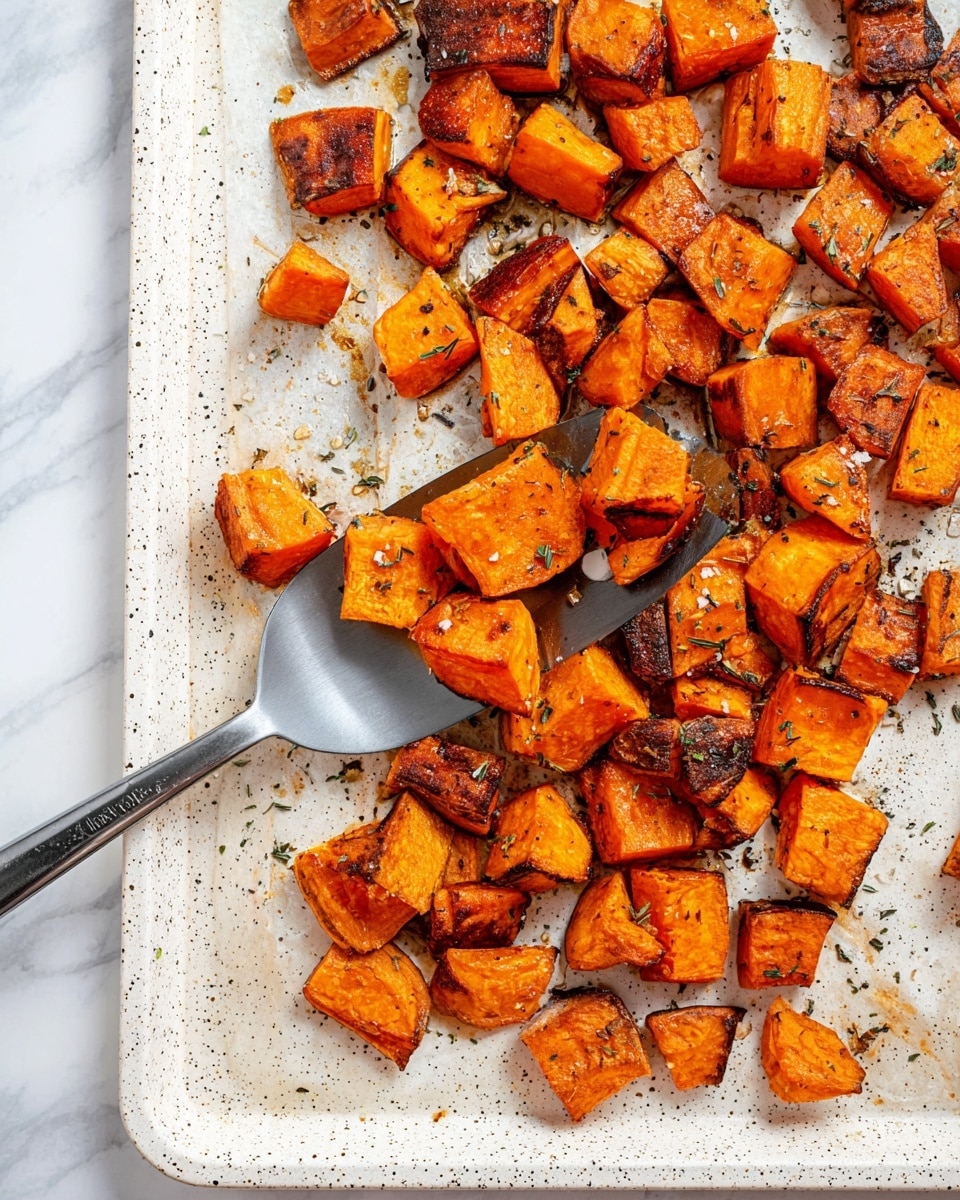 The image shows many pieces of roasted sweet potatoes on a white speckled baking tray with some herbs and salt sprinkled on top. The sweet potato chunks are orange with crispy, dark brown edges, and they vary in size and shape, with some pieces mostly square and others more irregular. A metal spatula rests under a pile of the sweet potatoes near the center of the tray, lifting some pieces above the surface. The tray sits on a white marbled surface. photo taken with an iphone --ar 4:5 --v 7