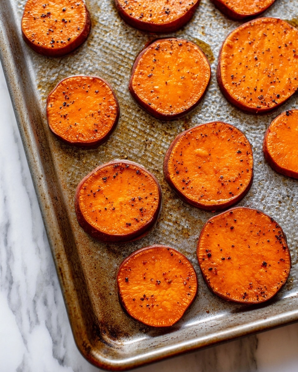 The image shows several thick, round slices of bright orange sweet potatoes spread evenly on a metal baking tray. Each slice has a slightly shiny surface, coated with oil and small black specks of seasoning. The edges of the slices have a darker, slightly caramelized look. The tray has a textured base and looks slightly worn with some oil spots around the slices. The scene is set on a white marbled surface. photo taken with an iphone --ar 4:5 --v 7