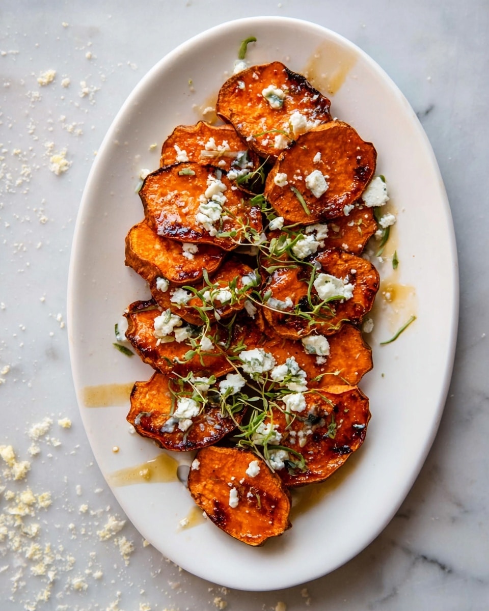 The dish shows a white oval plate filled with one layer of roasted sweet potato slices, each piece glowing orange with crisp, slightly dark edges. The sweet potatoes are topped with small chunks of white cheese scattered evenly, and a few green herb sprigs add fresh touches on top. Some golden drizzle is visible over the slices, enhancing their color and shine. The plate rests on a white marbled textured surface, with some crumbs and cheese bits spread lightly around. Photo taken with an iphone --ar 4:5 --v 7