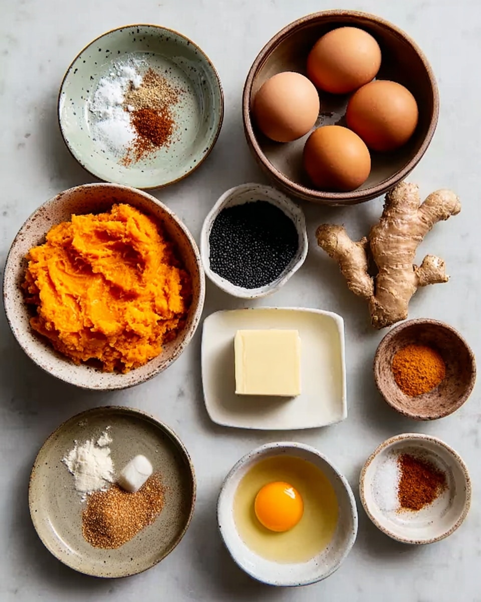 The image shows a flat arrangement of small white bowls on a white marbled surface. There are mashed bright orange sweet potatoes in a bowl with a rough texture at the bottom left. Above it, a bowl holds three whole brown eggs. To the right of the eggs, there is a bowl with black seeds. At the top right, a brown bowl contains fresh ginger roots. Below the ginger, a bowl has white salt and brown spices mixed together. Other bowls include one with golden liquid, a square piece of pale yellow butter on a white dish, a single raw egg yolk in a bowl, and small bowls with ground spices in shades of brown and orange. The bowls are spaced neatly and the light highlights the smooth and rough textures of the ingredients, photo taken with an iphone --ar 4:5 --v 7