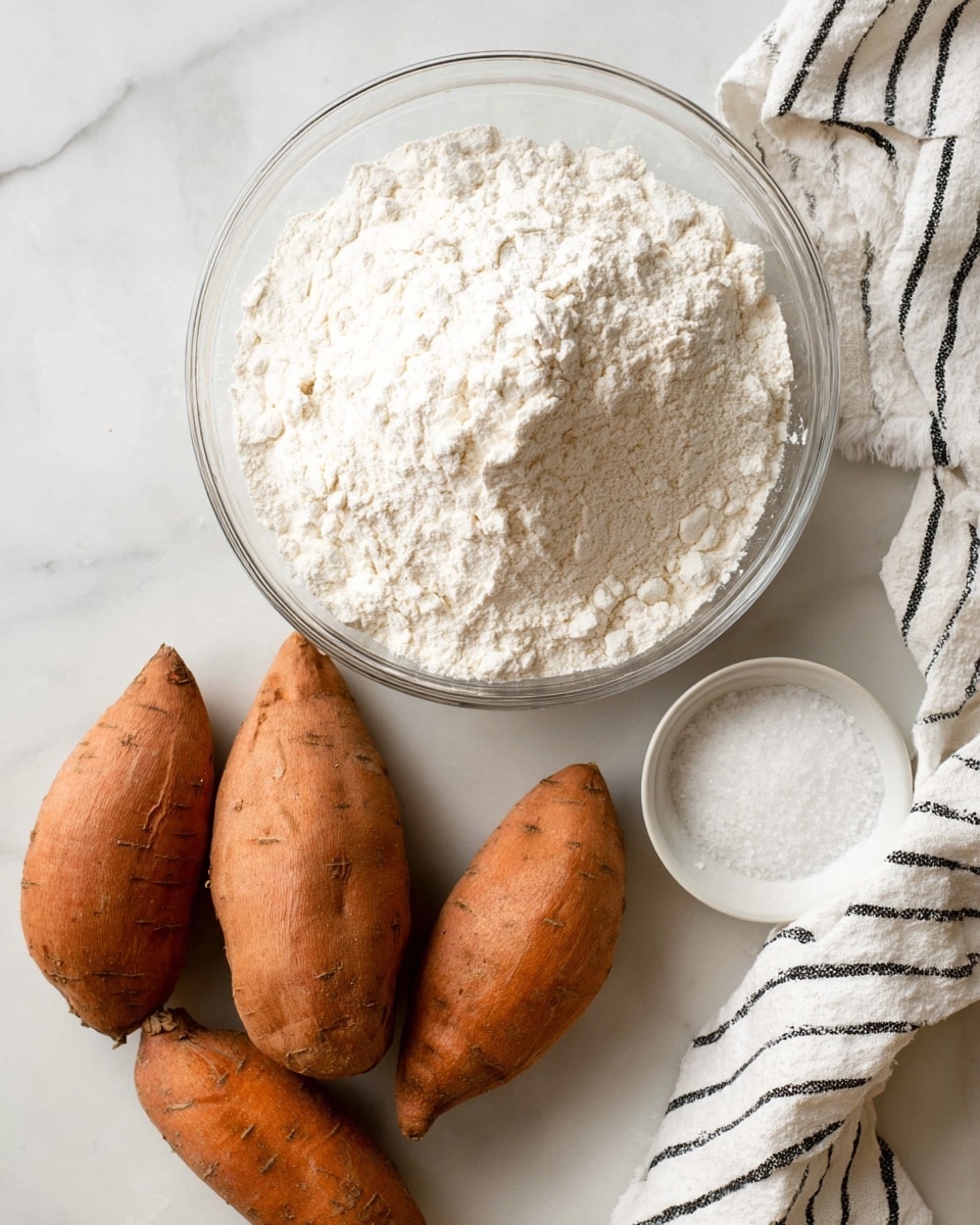 A clear glass bowl filled with white flour showing a soft and powdery texture sits on a white marbled surface. Next to the bowl, there are four brown sweet potatoes with a rough, natural skin, arranged close together. A small white bowl containing salt is positioned nearby. A white cloth with black stripes lies loosely beside the bowl of flour, adding contrast to the scene. The clean and simple setup highlights the dry ingredients and sweet potatoes clearly. photo taken with an iphone --ar 4:5 --v 7