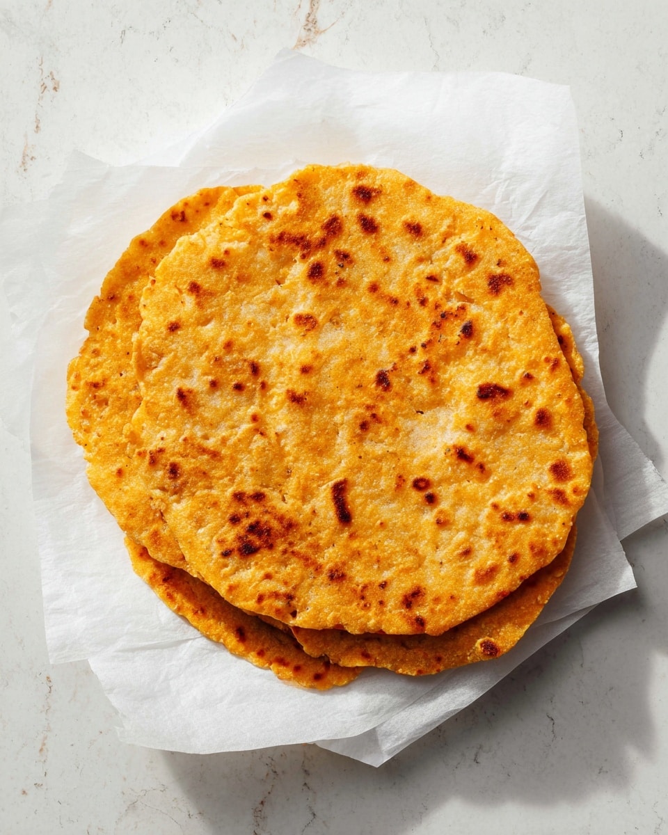 A stack of three flat, round breads with a warm orange color and uneven edges rests on three layers of white parchment paper. Each bread has small dark brown spots scattered across its surface, showing a cooked texture that is slightly rough and spotted. The flatbreads are slightly thicker in some areas, giving a homemade, rustic look. They are placed on a white marbled surface with soft natural light highlighting the warm tones. photo taken with an iphone --ar 4:5 --v 7