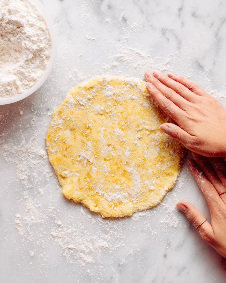 A round, flat dough is placed on a white marbled surface, sprinkled with flour all over, giving it a light dusted texture. The dough is light yellow-orange with some slightly darker spots, showing its uneven texture. A woman's hand is flattening the left side of the dough, while another woman's hand is resting nearby on the right side. A white bowl filled with white flour is partially visible in the upper left corner of the image. The scene has a clean, simple feel with a focus on the dough and the hands working on it, photo taken with an iphone --ar 4:5 --v 7