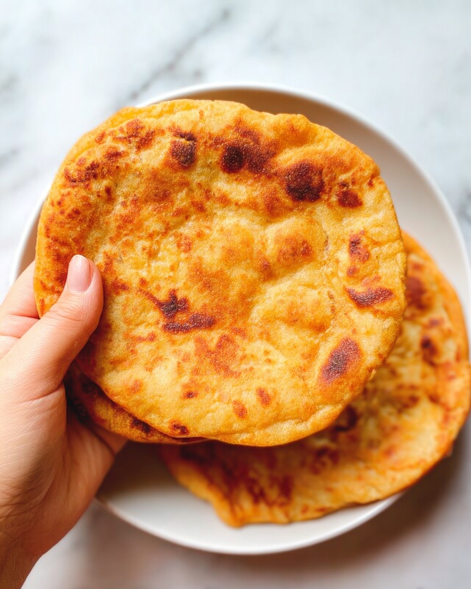 A close-up view of two golden brown, round flatbreads with a slightly cracked surface and uneven texture, one held in a woman's hand and the other resting on a white plate. The flatbreads have a warm, toasted color with some darker spots, showing a soft yet slightly crisp look. The background is a white marbled surface, adding a clean and simple contrast to the rich tones of the flatbreads. Photo taken with an iphone --ar 4:5 --v 7