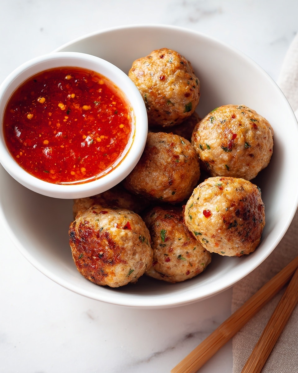 A white bowl holds five round meatballs with a golden brown color mixed with herbs and small bits of red, green, and darker spices, giving a textured look. Next to the bowl is a small white ramekin filled with chunky bright red sauce. The setting is on a white marbled surface, and two wooden skewers lie on the right side of the bowl. The bright lighting highlights the gloss on the sauce and the textured surface of the meatballs photo taken with an iphone --ar 4:5 --v 7