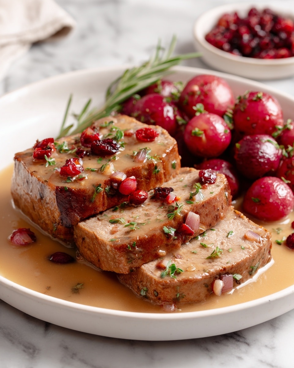 The image shows a white plate with two thick slices of brown, cooked meat topped with small bits of herbs, onions, and red cranberries scattered on top, resting in a light brown sauce that covers the bottom of the plate. To the right, there is a cluster of small, round red potatoes with a shiny texture and little green herb leaves on them. The background is a white marbled surface. Photo taken with an iphone --ar 4:5 --v 7