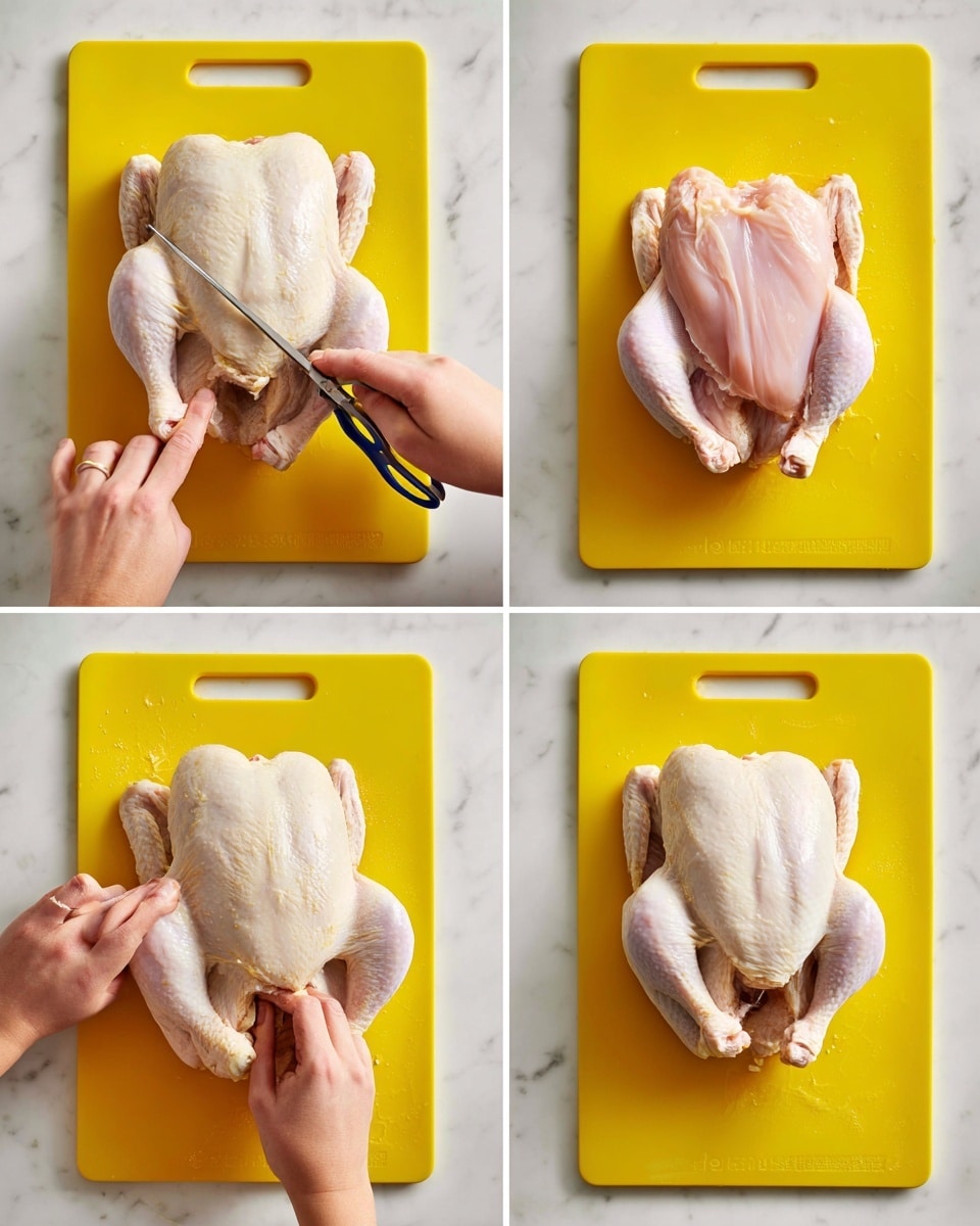 The image shows four sections arranged in a 2x2 grid, each with a white raw whole chicken placed on a bright yellow cutting board with a handle on the right side. In the top left, a woman's hand is holding scissors and cutting down the middle of the chicken's back. The top right shows the chicken fully opened and flattened, showing the inside with pale pink and white colors. The bottom left shows a woman's hand holding a knife and working on the inside of the opened chicken, focusing near the middle. The bottom right shows the chicken fully spread out and flattened flat on the cutting board with a smooth texture and pale skin. The background is a white marbled texture. photo taken with an iphone --ar 4:5 --v 7