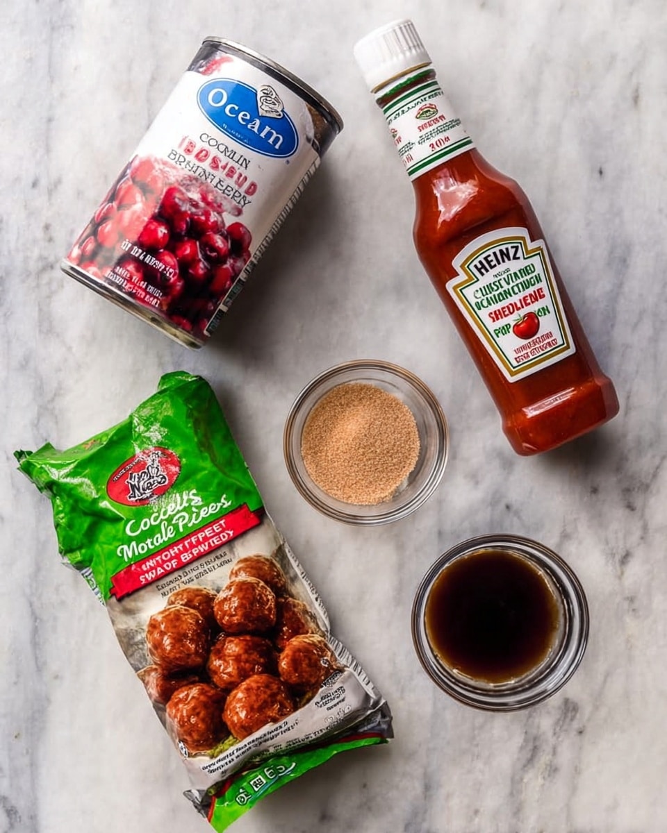 The image shows a white marbled surface with five items arranged neatly on it. At the top left is a can of Ocean Spray whole berry cranberry sauce with a white label featuring red and blue text. To the right of the can is a clear bottle of Heinz chili sauce with a white cap and green and red label. Below the can is a green, white, and red package of Cooked Perfect Italian Style meatballs, showing a picture of meatballs coated in sauce. To the right of the package is a small clear glass bowl filled with light brown granulated sugar. Below the bowl of sugar is another small clear bowl containing a dark brown liquid. photo taken with an iphone --ar 4:5 --v 7