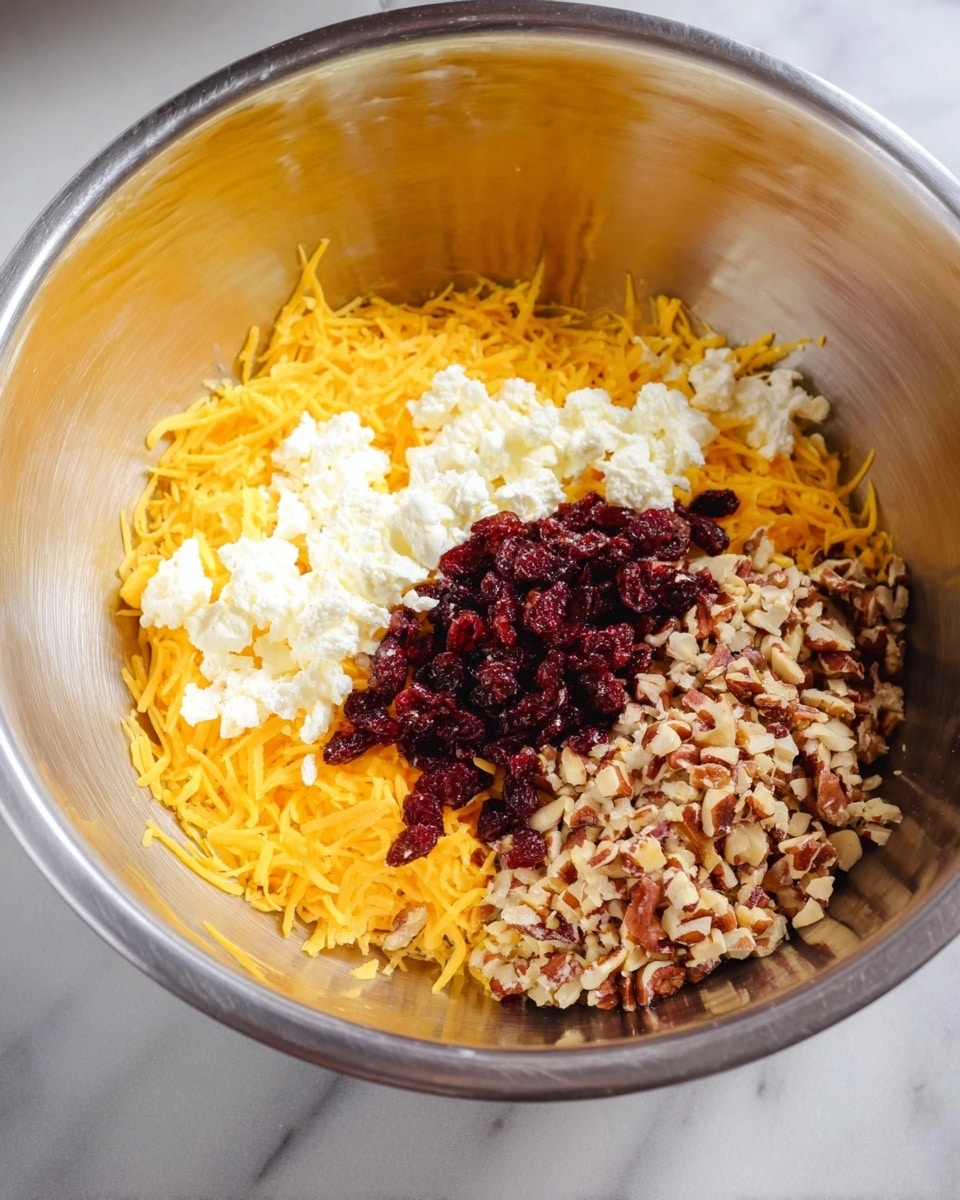 A shiny silver mixing bowl filled with four distinct layers: bright yellow shredded cheddar cheese on the left half, small white dollops of cream cheese scattered near the center, finely chopped dark red dried cranberries over the cream cheese, and light brown chopped nuts with a rough texture on the right side. The bowl sits on a white marbled surface, with soft natural light creating gentle reflections on the bowl's interior. Photo taken with an iphone --ar 4:5 --v 7