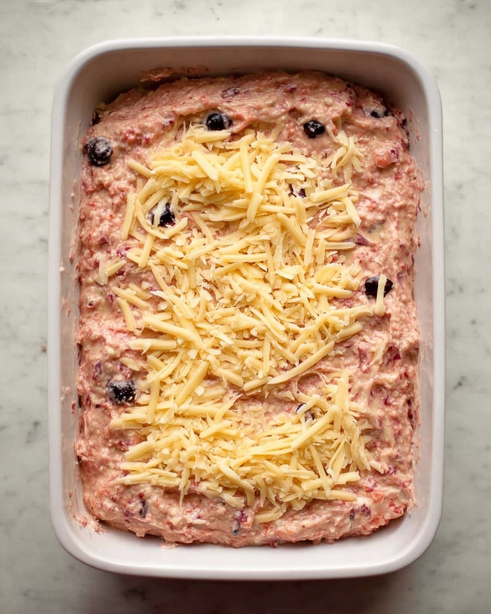 A white rectangular baking dish filled with one thick layer of pinkish mixture containing visible bits of black olives and onion pieces. The top of the mixture is sprinkled unevenly with shredded yellow cheese. The dish sits on a white marbled surface. Photo taken with an iphone --ar 4:5 --v 7
