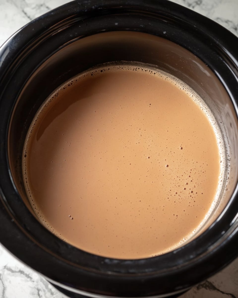 A close-up of a black slow cooker filled with a smooth, light brown liquid that appears creamy and shiny, with small bubbles visible on the surface. The slow cooker sits on a white marbled surface, and the light reflects softly on the liquid’s surface, creating a gentle shine. No other objects or layers are visible in the image. photo taken with an iphone --ar 4:5 --v 7