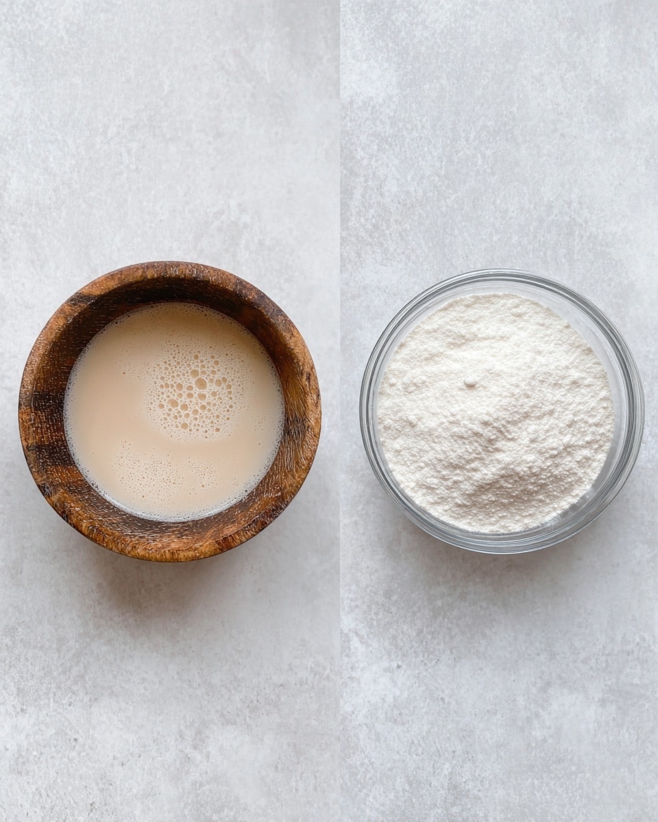 The left image shows a small wooden bowl filled with a light beige liquid that has some bubbles on top. The bowl is round and rustic. The right image shows a clear glass bowl filled with a fine white powder. The powder is smooth and evenly spread inside the bowl. Both bowls sit on a white marbled textured surface. photo taken with an iphone --ar 4:5 --v 7