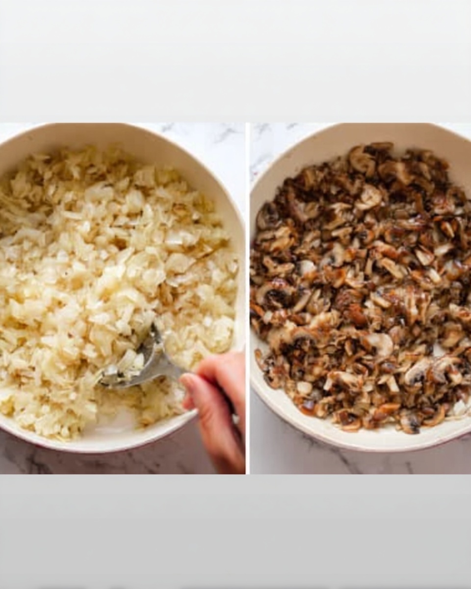 The image shows two cooking pans placed side by side on a white marbled surface. The left pan contains finely chopped onions that are pale yellow and slightly soft in texture, covering the whole pan evenly. A woman's hand is holding a metal spoon stirring the onions gently. The right pan is filled with a mixture of cooked mushrooms, chopped into small pieces with a mix of light brown and darker brown shades, showing a slightly moist and tender texture spread across the entire pan. Both pans are white and appear to be ceramic. Photo taken with an iphone --ar 4:5 --v 7