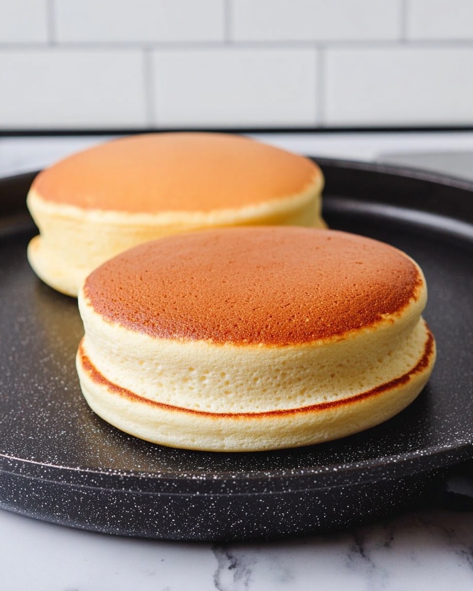 The image shows two thick, fluffy Japanese pancakes cooking on a dark non-stick pan with a speckled pattern. Each pancake has three visible layers: a light golden brown smooth top layer, a thick middle layer with a soft, pale yellow texture, and a thin, slightly browned bottom layer that sits on the pan. The pancakes are round with smooth edges and stand tall with a slightly uneven bottom edge where they meet the pan. The background is a white tiled wall, and the surface under the pan is a white marbled texture. photo taken with an iphone --ar 4:5 --v 7