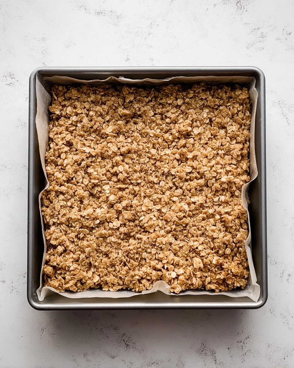 A square metal baking pan lined with parchment paper sits on a white marbled surface. Inside the pan is a single thick layer of crumbly oat topping, golden brown in color with a rough and crunchy texture. The oat mixture is spread evenly to cover the entire pan, showing a few small clusters of baked oats. The edges are slightly darker, indicating a well-baked crust. Photo taken with an iphone --ar 4:5 --v 7