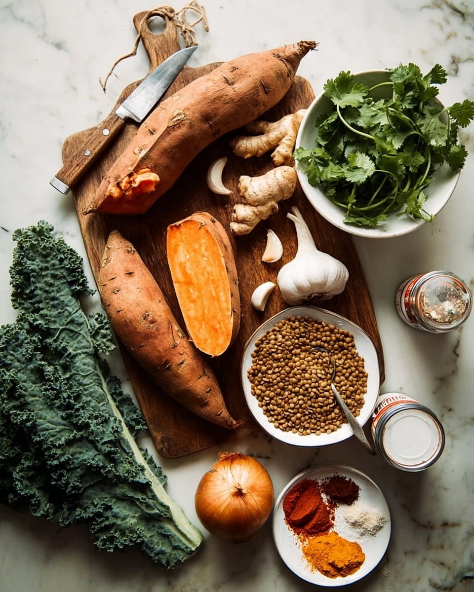 The image shows a wooden cutting board on a white marbled surface with fresh cooking ingredients arranged on and around it. On the board, there are two long sweet potatoes, one of which is partially peeled with orange flesh visible, and a small knife with a wooden handle. A white bowl with fresh green cilantro leaves is placed on the top right of the board. Next to the cilantro, there is a small white bowl holding two garlic cloves. Below, there is a piece of fresh ginger and a small measuring cup filled with brown lentils. A whole onion sits at the bottom left of the board. Surrounding the board on the white marbled surface are a bunch of kale leaves at the bottom, a jar of bright orange powder with a spoon sticking out, and a small white plate holding two piles of powdered spices—one brown and one red. A partially visible can with white cream on top is on the right side. The scene is naturally lit and styled simply. Photo taken with an iphone --ar 4:5 --v 7