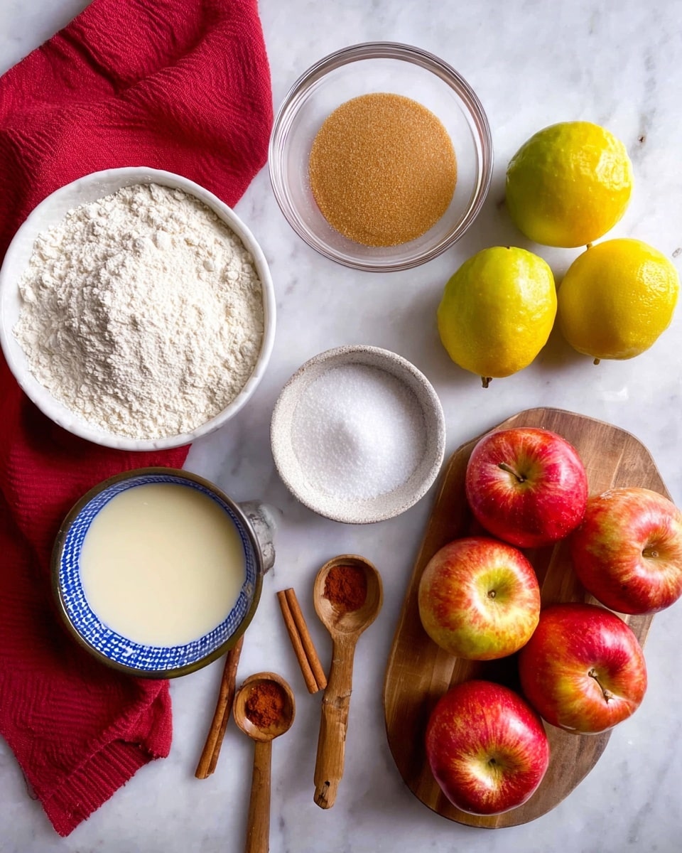 The image shows a top view of ingredients laid out on a white marbled surface. On the left side, there is a white bowl filled with white flour placed on a red cloth. Below it, a blue and white bowl holds light brown sugar, next to a clear glass bowl with creamy white liquid. Above these, a small white bowl with white powder, possibly baking powder, is placed. To the right side, there is a wooden board with two yellow lemons. Four red apples with green and yellow hints are spread on the surface near the board. Three wooden measuring spoons with cinnamon, sugar, and another spice are placed next to the apples. The photo taken with an iphone --ar 4:5 --v 7