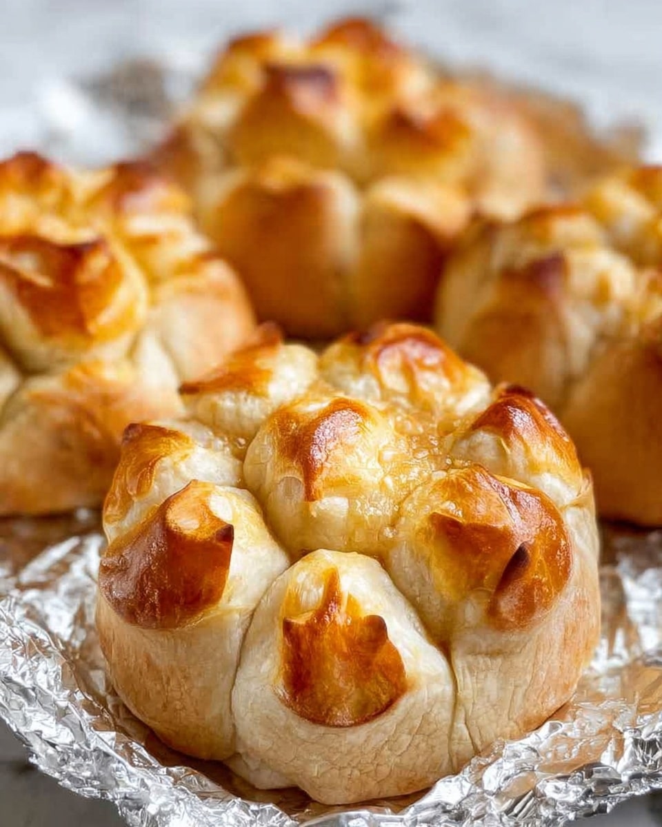 The image shows several round baked buns with a golden brown crust that has a glossy shine. Each bun is layered with a pattern of overlapping dough pieces that have a soft, light beige color, slightly cracked and puffed up from baking. The buns rest on crinkled silver foil, placed over a white marbled surface. The dough looks flaky and soft, with some darker caramelized spots where the dough edges meet. The buns are packed closely together, filling the frame with their warm, inviting texture. photo taken with an iphone --ar 4:5 --v 7