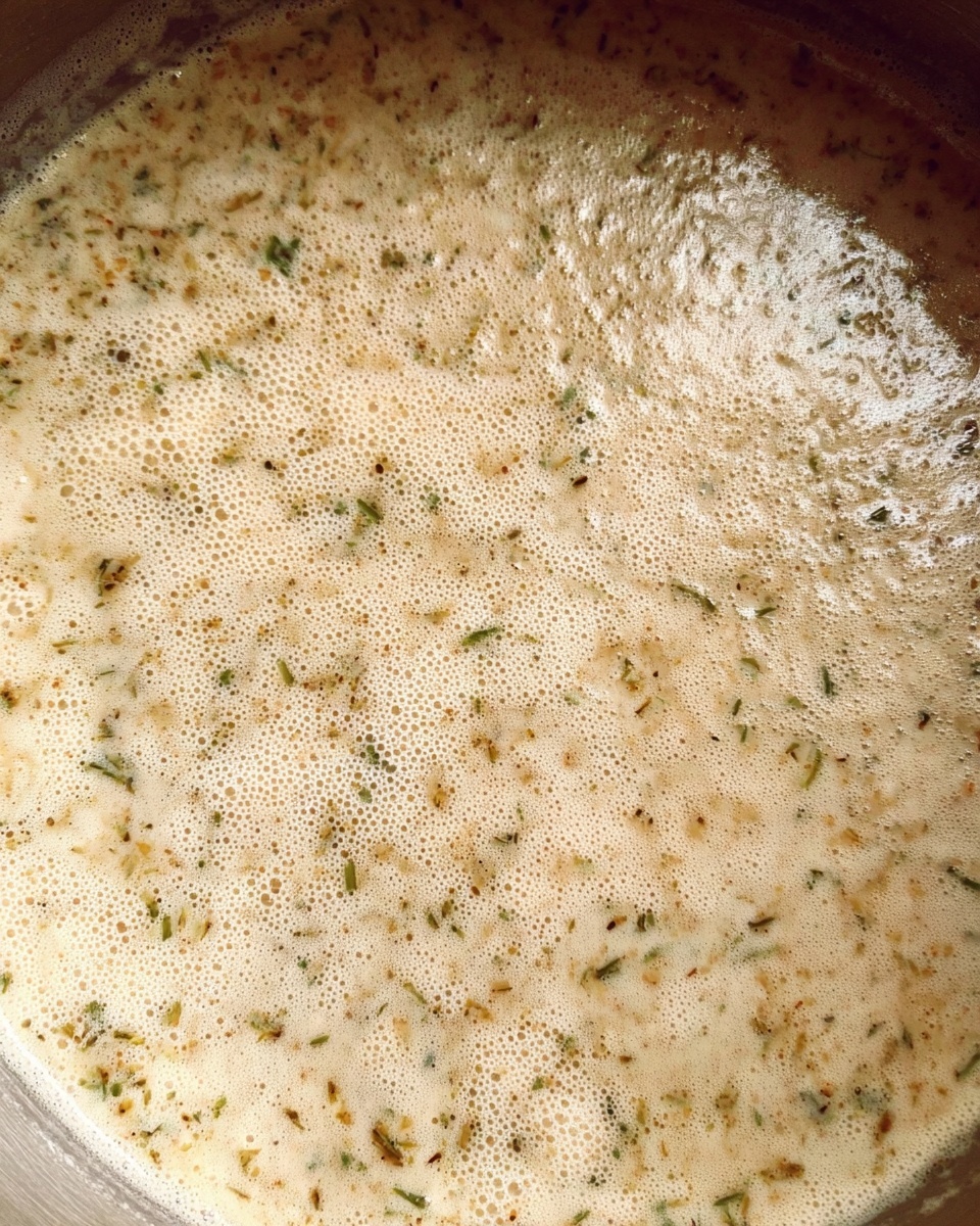 A close-up view of a creamy sauce in a pot, with a thick, frothy texture and light beige color mixed with tiny green and brown herb specks spread evenly throughout the surface, giving it a rich and herby look, all visible on a smooth liquid layer under warm lighting, photo taken with an iphone --ar 4:5 --v 7