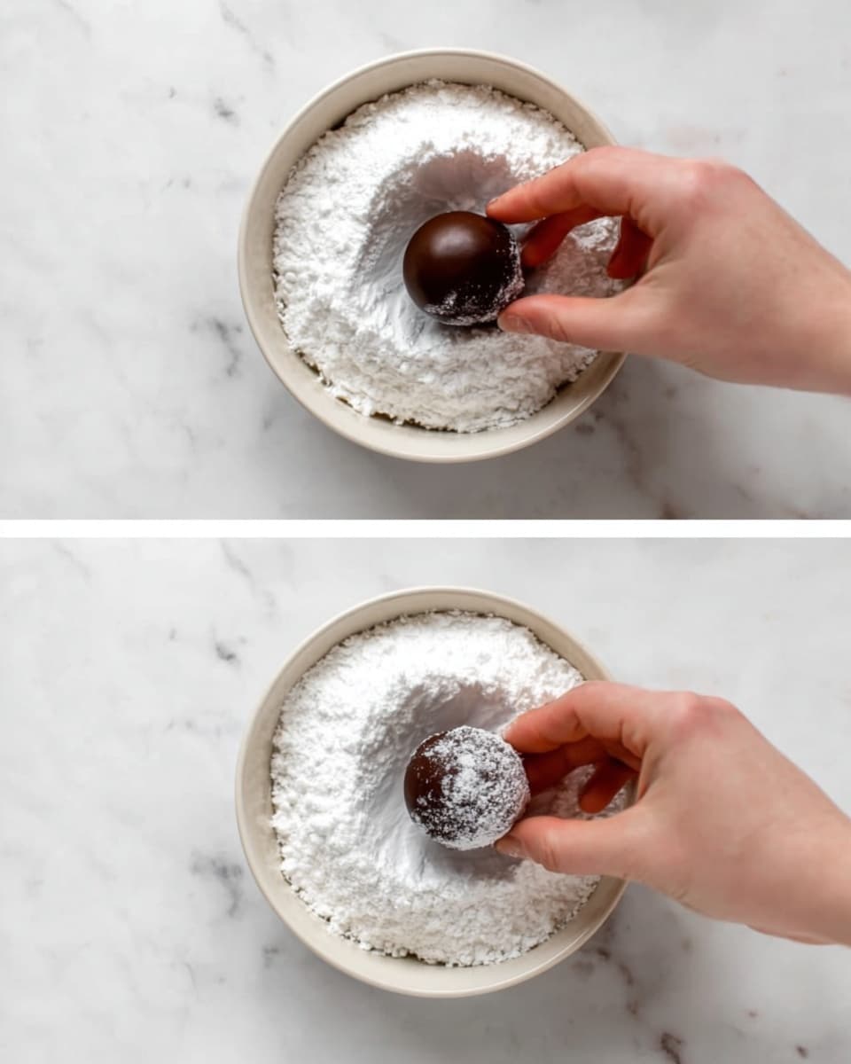 The image shows two side-by-side photos of a woman's hand holding a dark brown round chocolate ball being dipped into a white powder, likely powdered sugar, inside a small white bowl. The bowl is filled with a thick layer of powder, almost level to the edges, and the chocolate ball is partially coated with the white powder. The scene is set on a white marbled surface, giving a clean and bright background. photo taken with an iphone --ar 4:5 --v 7