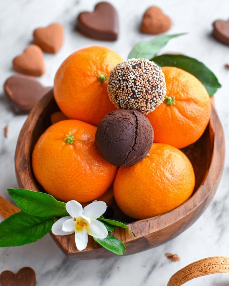 A wooden bowl filled with six bright orange tangerines, arranged in a slightly stacked pile. On top of the pile, there are two round chocolate truffles, one coated in cocoa powder and the other covered in chocolate sprinkles, with the cocoa powder truffle broken open to show a dark chocolate inside. The bowl is placed on a white marbled surface with scattered chocolate hearts and truffles nearby. There is a small white flower with a yellow center placed at the front edge of the bowl, and green leaves are visible among the tangerines, adding a fresh touch. Photo taken with an iphone --ar 4:5 --v 7