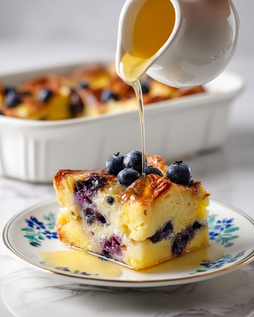 A square piece of blueberry bread pudding sits on a small white plate with a light blue floral design, layered on top of a plain white plate. The pudding has three visible layers: a golden-brown crusty top with blueberries scattered throughout, a light yellow custard middle with soft bread pieces soaked in it, and a slightly darker purple layer from the blueberries swirling inside the custard at the bottom and sides. A woman's hand is pouring golden syrup from a small white pitcher onto the pudding. In the background, a white baking dish filled with more blueberry bread pudding is visible, resting on a white marbled surface. photo taken with an iphone --ar 4:5 --v 7