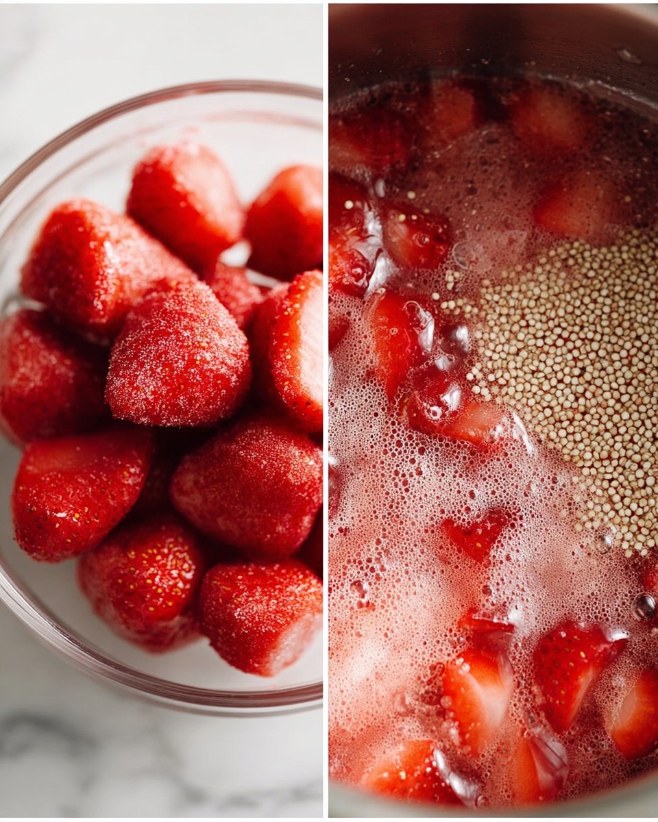 The image on the left shows a clear glass bowl filled with bright red frozen strawberries that have a frosty texture, sitting on a white marbled surface. The image on the right shows a close-up view of a pot with a mix of red, chunky strawberry pieces and light beige quinoa seeds on one side, with a bubbling liquid that has a reddish color. Both images have soft natural light highlighting the textures. Photo taken with an iphone --ar 4:5 --v 7