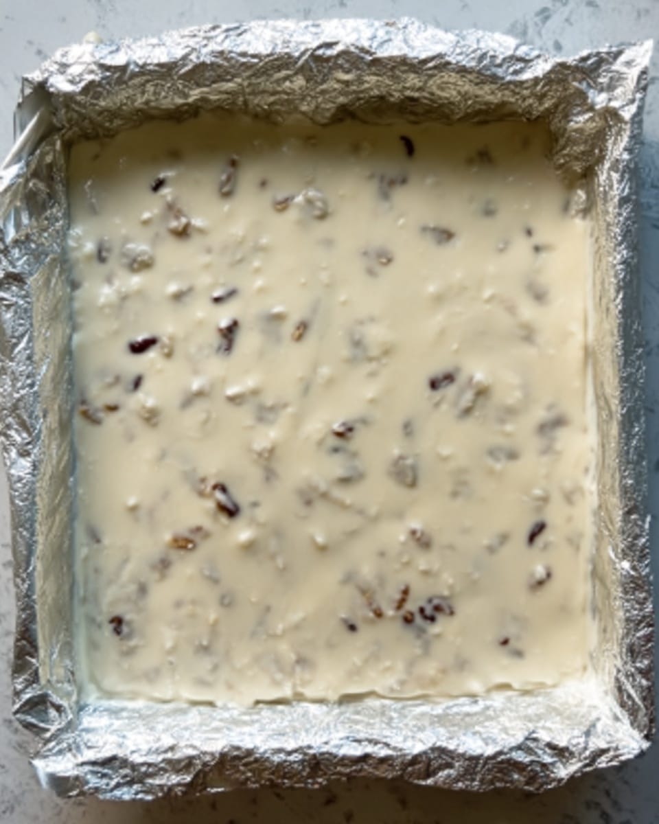 A square block of thick, creamy white mixture with small pieces of dark brown nut or fruit evenly spread inside. The block sits on a sheet of crumpled foil that lines a baking tray. The surface is smooth with a slightly uneven texture from the embedded pieces. The foil edges fold up around the block, creating a neat border. The background is a white marbled texture. photo taken with an iphone --ar 4:5 --v 7