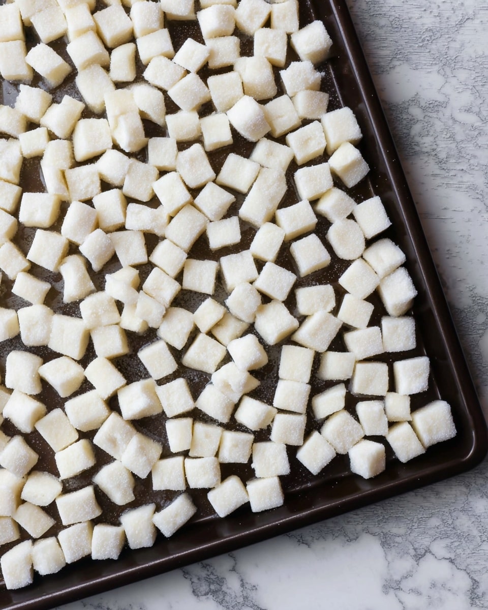 The image shows a dark baking tray filled with many small, square white pieces evenly spread out across the surface. The tray rests on a white marbled texture. The pieces have a soft matte texture and are similar in size, looking like small cubes or tiny blocks. The scene is simple and focuses on the uniformity and light color of the pieces against the dark tray and white background. Photo taken with an iphone --ar 4:5 --v 7