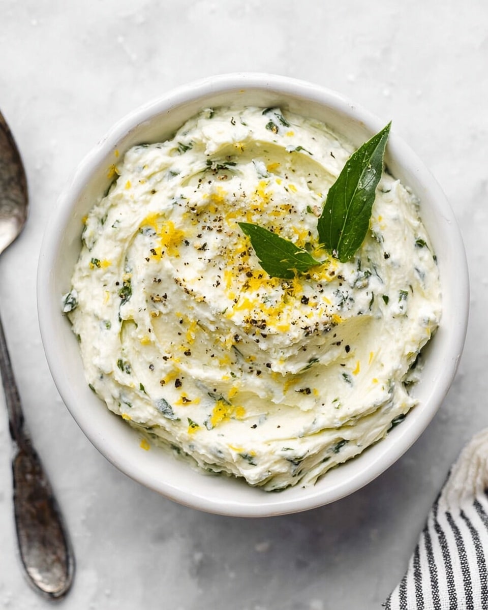 A white round bowl filled with a creamy white spread mixed with small green herb pieces, swirled softly to create a textured look. On top, there is a sprinkling of yellow lemon zest and coarse salt with a few cracks of black pepper, and a small fresh green leaf for garnish. The bowl sits on a white marbled surface with part of a silver spoon and a striped cloth visible at the edge. photo taken with an iphone --ar 4:5 --v 7